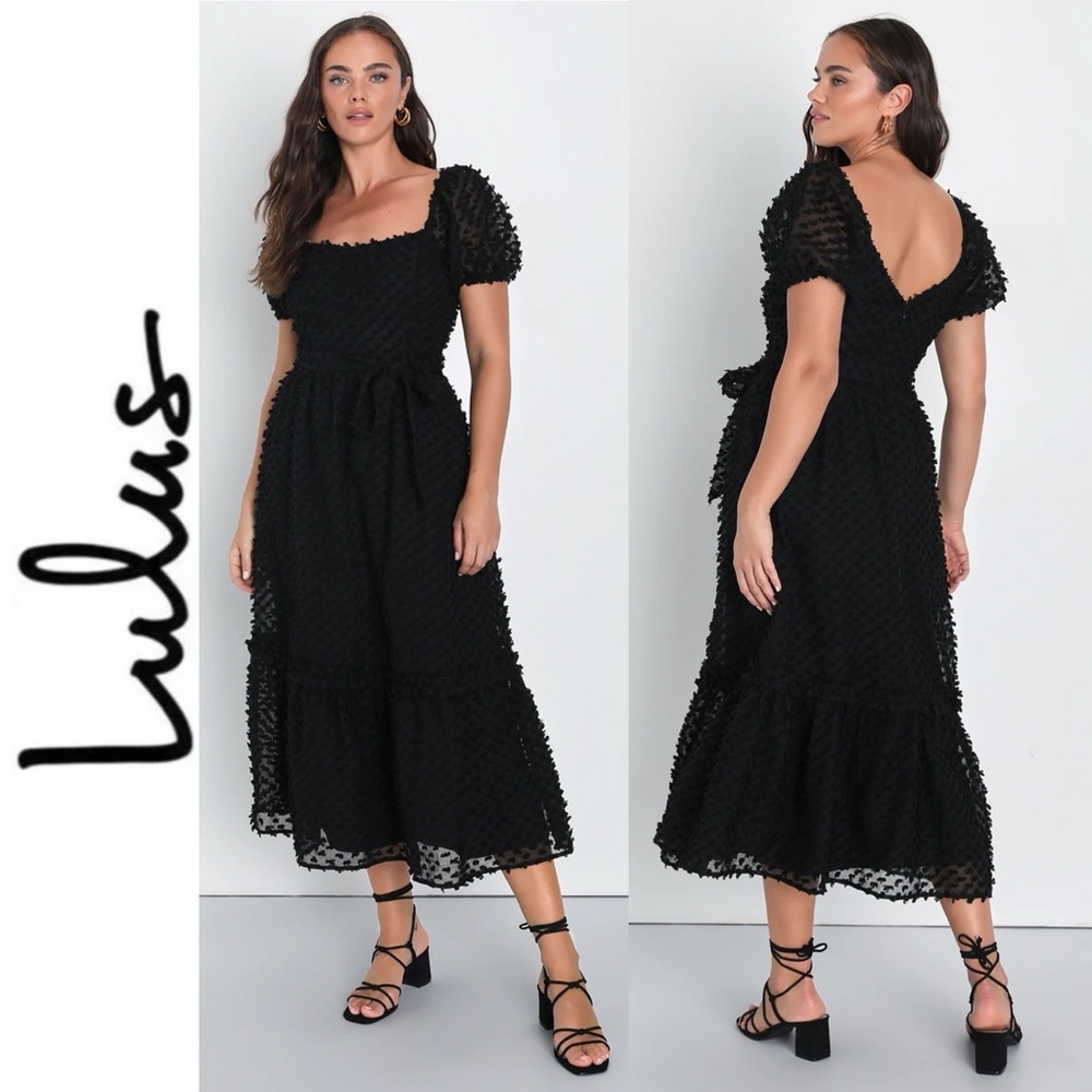 Dramatically Chic Black Clip Dot Puff Sleeve Midi… - image 1